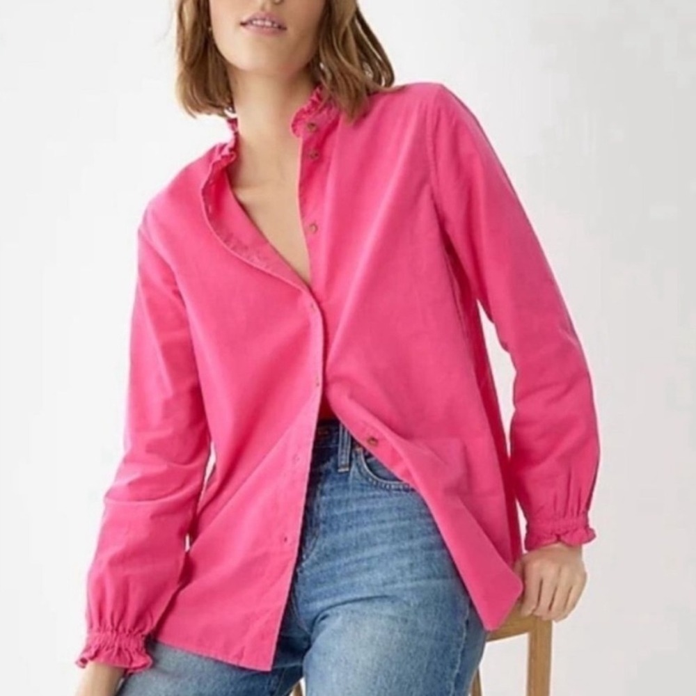 J. Crew Classic-Fit Ruffleneck Shirt Corduroy Long Sleeve Hot Pink Button Down 8